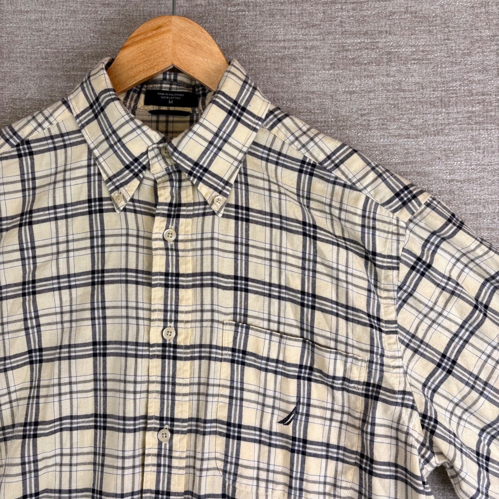 Vintage Nautica Yellow Blue Plaid Flannel Button Down Shirt Mens M Cozy Heritage